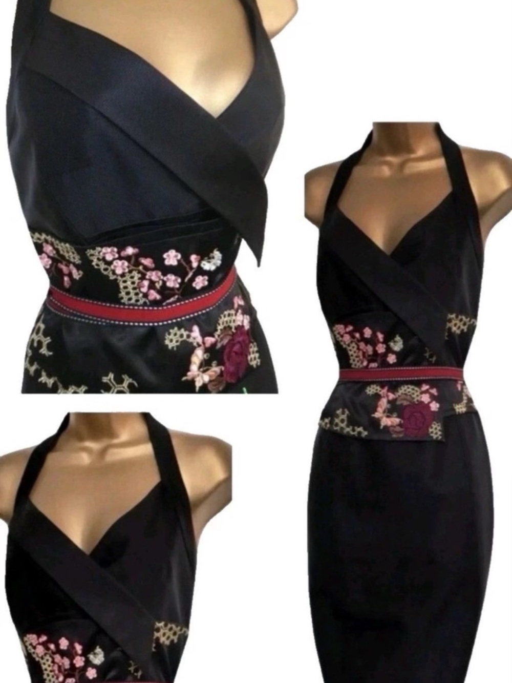 Karen Millen Black One-Shoulder Sheath Dress with Pink Floral Embroidery